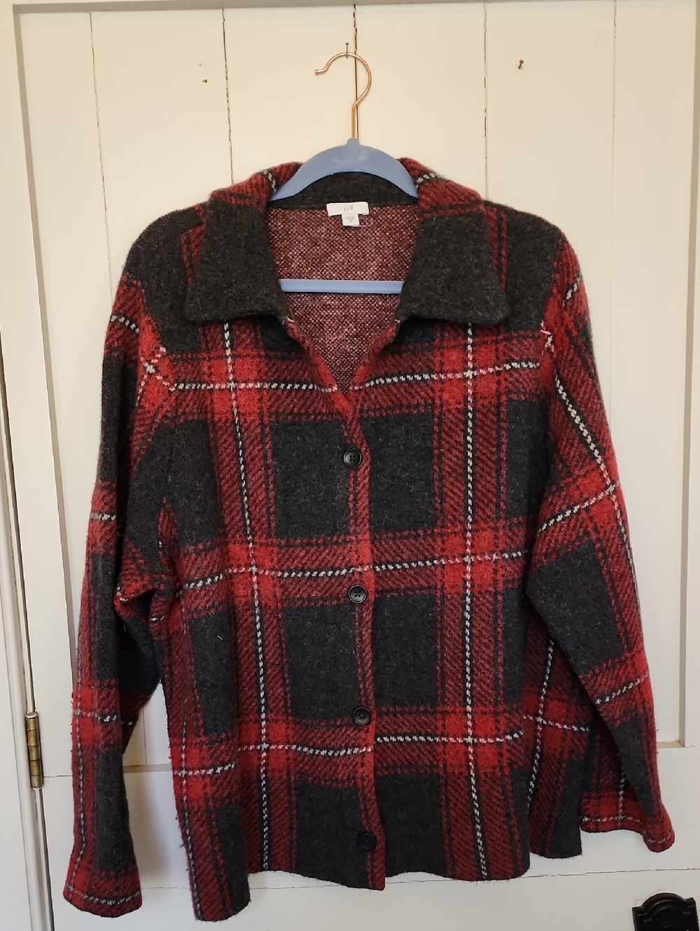 J. Jill Red and Charcoal Plaid Button-Front Cardigan 2X